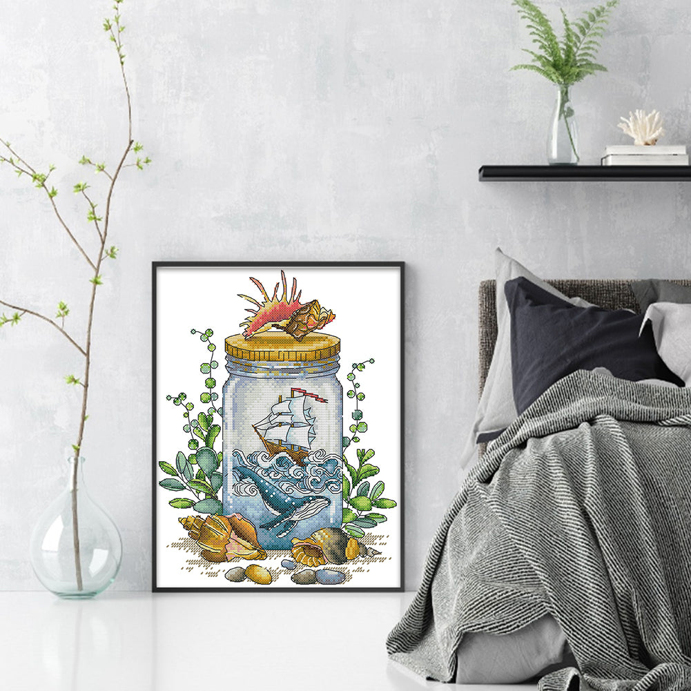 Sail In The Bottle Boat - 14CT Stamped Cross Stitch 23*31CM(Joy Sunday)