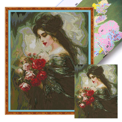 Beautiful Girl Smelling Flowers 3 - 14CT Stamped Cross Stitch 41*48CM(Joy Sunday)