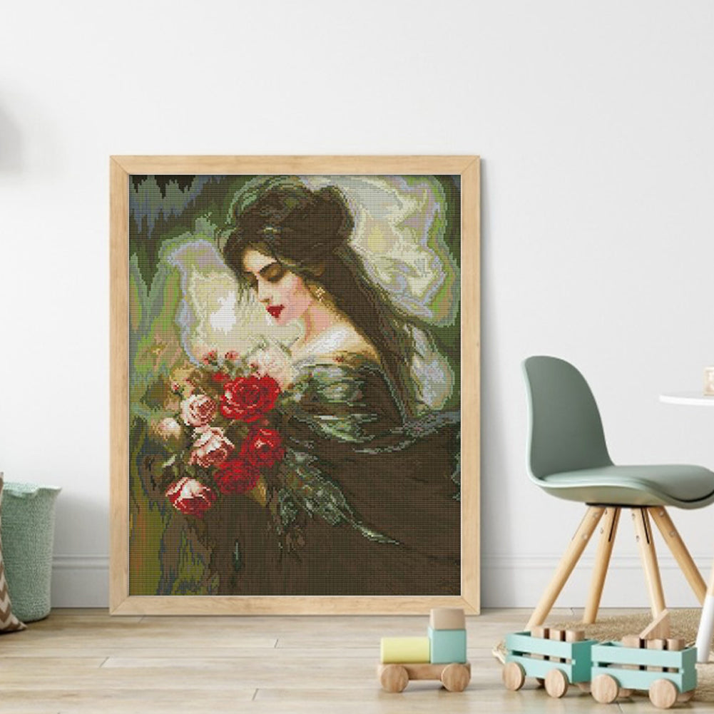 Beautiful Girl Smelling Flowers 3 - 14CT Stamped Cross Stitch 41*48CM(Joy Sunday)