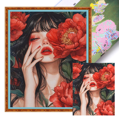 Peony Girl - 11CT Stamped Cross Stitch 45*55CM