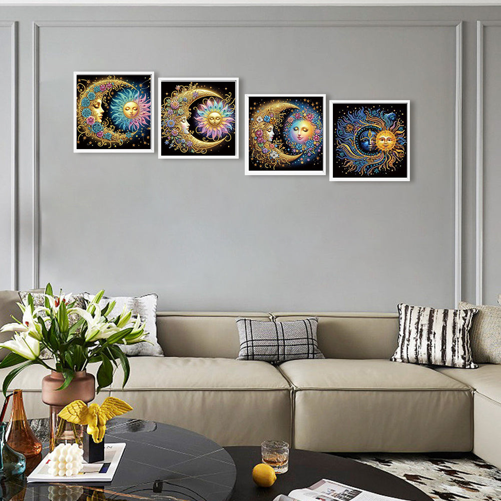 4 Pcs Flowers, Stars And Moon - Special Shaped Drill Diamond Painting 30*30CM