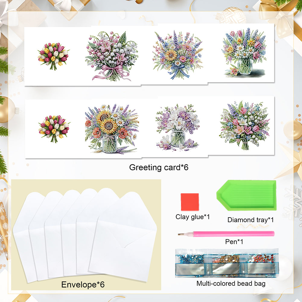 6Pcs Bouquet DIY Diamond Painting Card Diamond Drawing Card for Adults Beginners