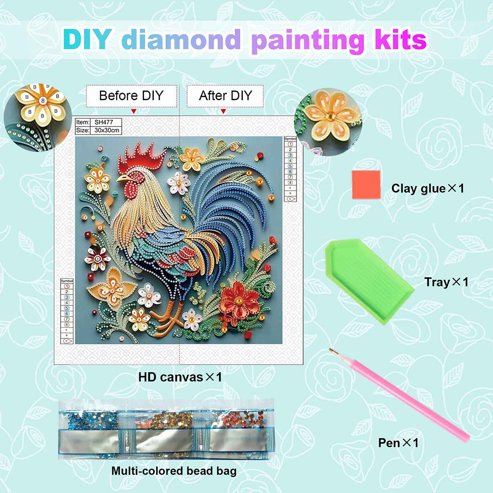 Quilled Rooster - Special Shaped Drill Diamond Painting 30*30CM