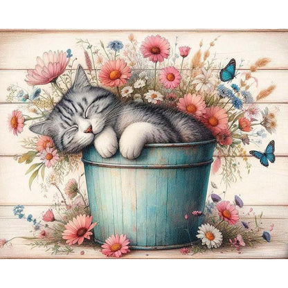 Retro Iron Bucket Cat - Full Round Drill Diamond Painting 50*40CM