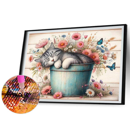 Retro Iron Bucket Cat - Full Round Drill Diamond Painting 50*40CM