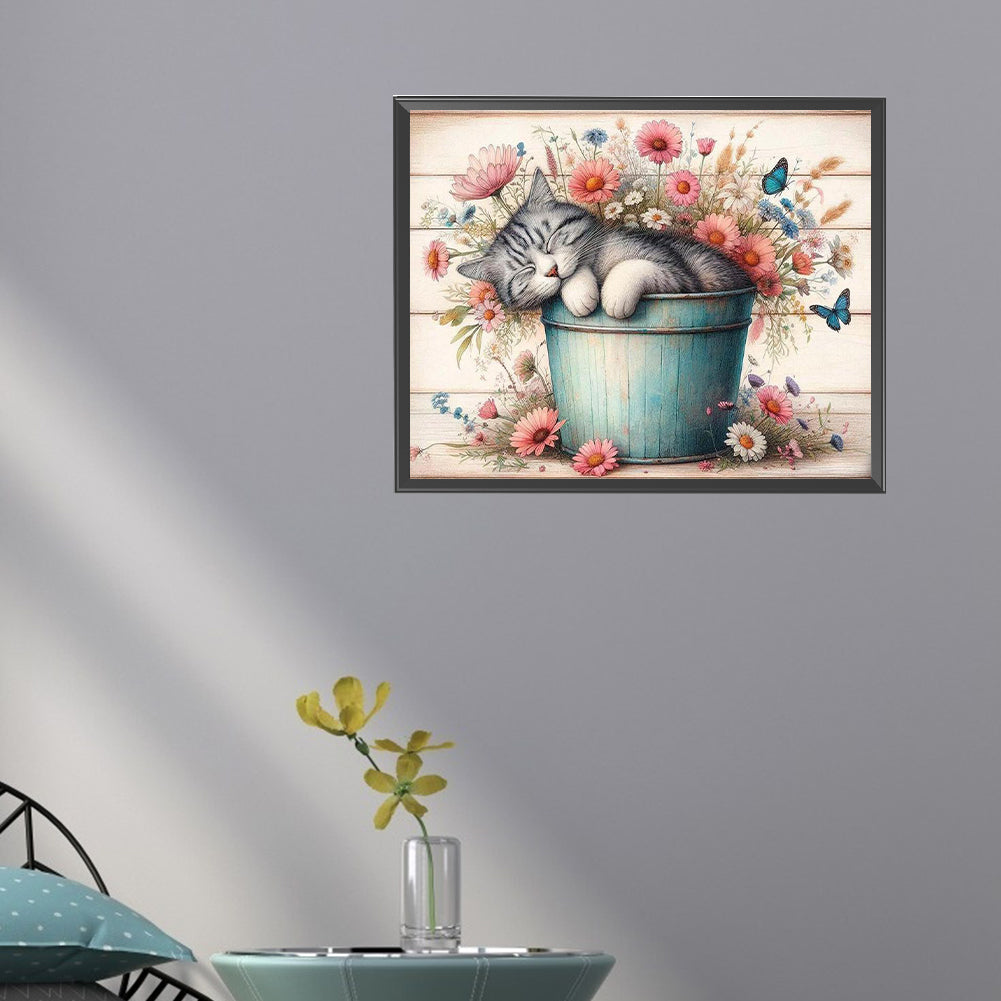 Retro Iron Bucket Cat - Full Round Drill Diamond Painting 50*40CM