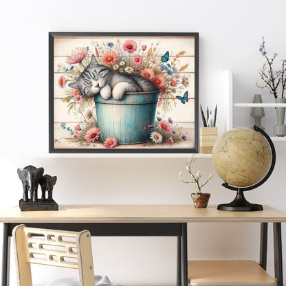 Retro Iron Bucket Cat - Full Round Drill Diamond Painting 50*40CM