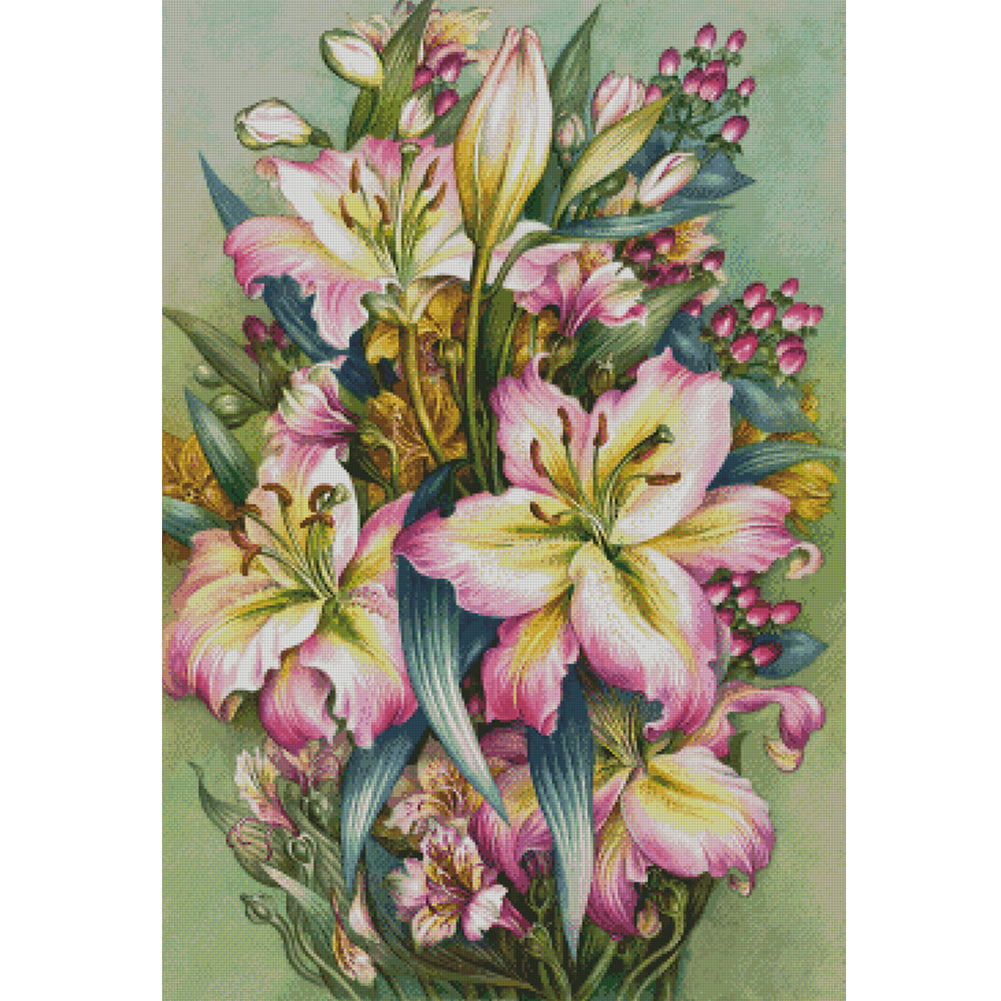 Oil Painting Of Pink Lilies - 14CT Stamped Cross Stitch 55*79CM(Xiaobai Brand)