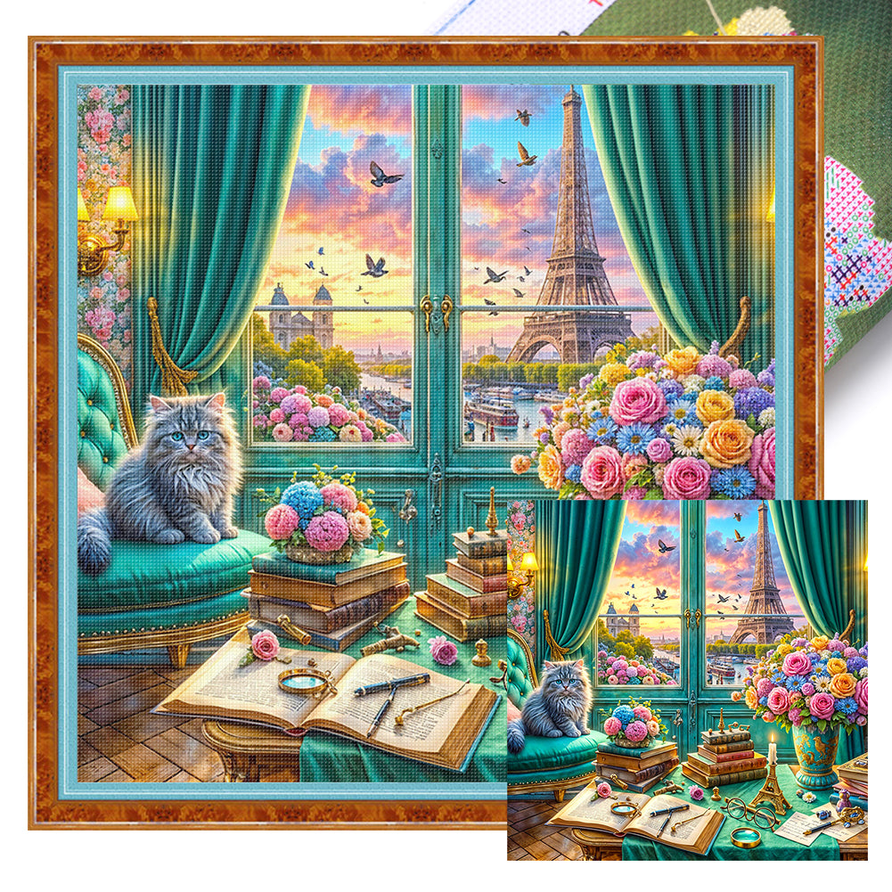 Cat On The Windowsill - 11CT Stamped Cross Stitch 50*50CM