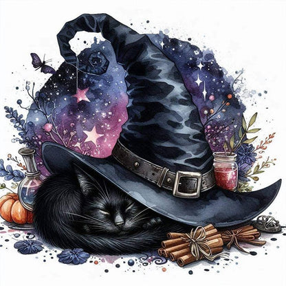 Halloween Wizard Hat Black Cat - 11CT Stamped Cross Stitch 40*40CM