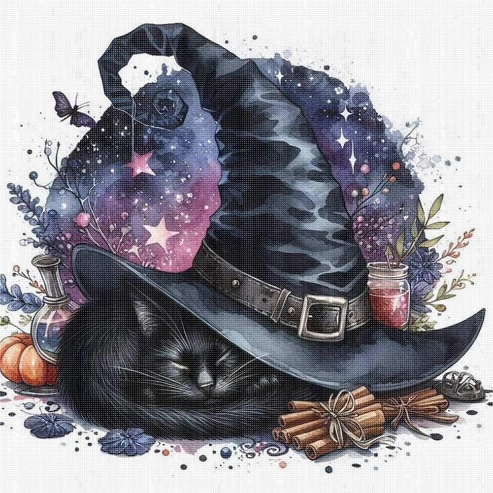 Halloween Wizard Hat Black Cat - 11CT Stamped Cross Stitch 40*40CM