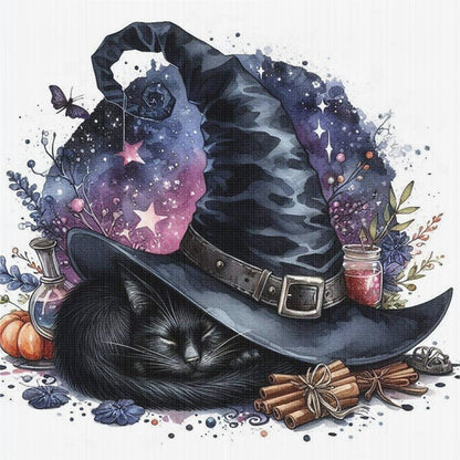 Halloween Wizard Hat Black Cat - 11CT Stamped Cross Stitch 40*40CM
