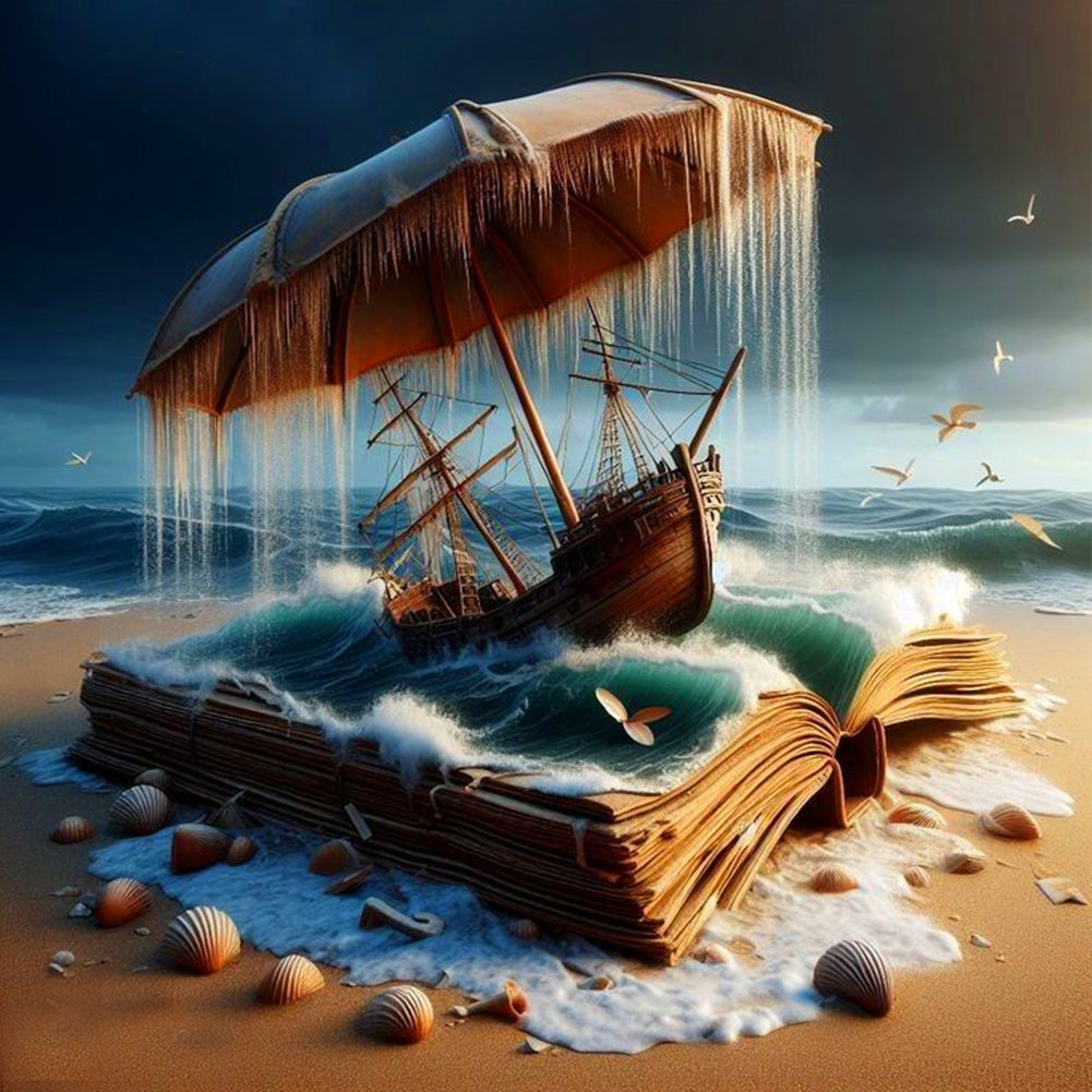 Sailboat On The Wave In The Book - Full Round Drill Diamond Painting 40*40CM
