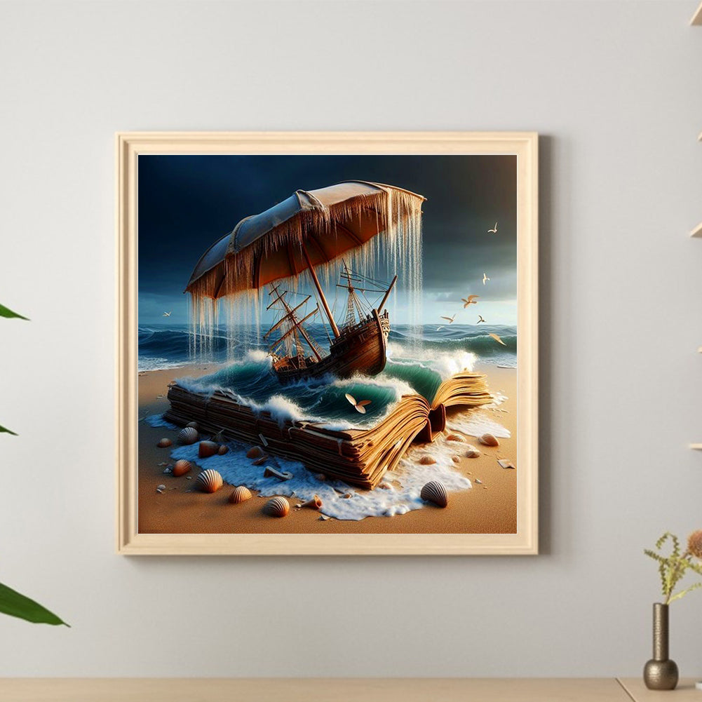 Sailboat On The Wave In The Book - Full Round Drill Diamond Painting 40*40CM