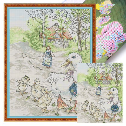 Mother Duck And Her Cubs - 14CT Stamped Cross Stitch 33*44CM(Joy Sunday)