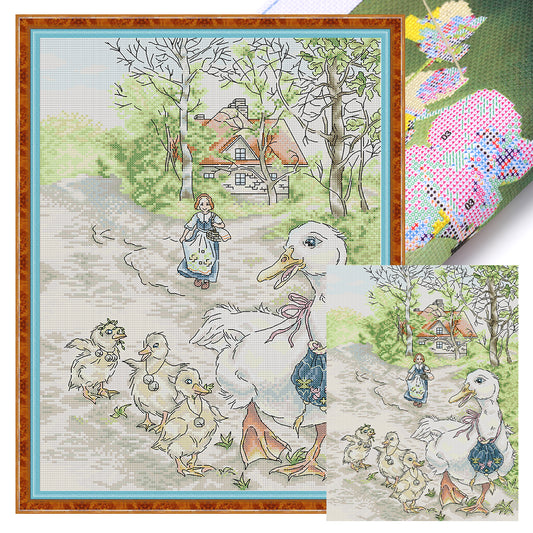 Mother Duck And Her Cubs - 14CT Stamped Cross Stitch 33*44CM(Joy Sunday)