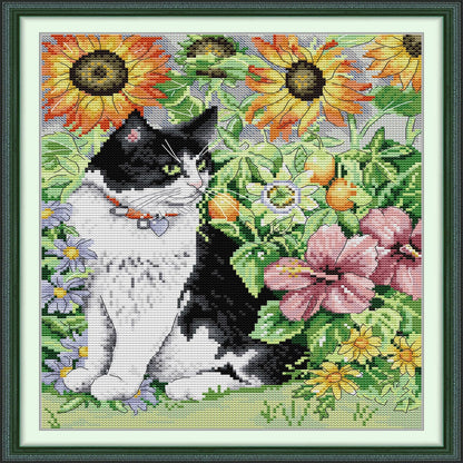 Cat In The Flowers - 14CT Stamped Cross Stitch 30*35CM(Joy Sunday)