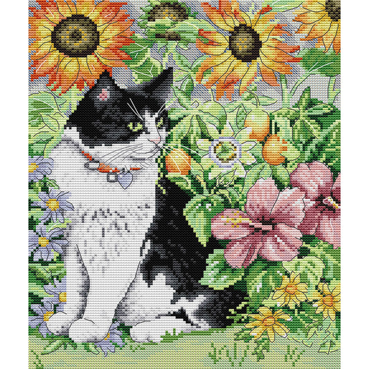 Cat In The Flowers - 14CT Stamped Cross Stitch 30*35CM(Joy Sunday)