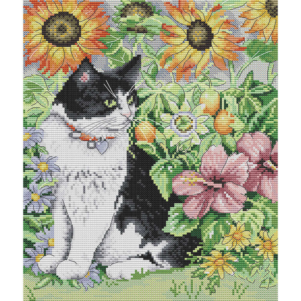 Cat In The Flowers - 14CT Stamped Cross Stitch 30*35CM(Joy Sunday)