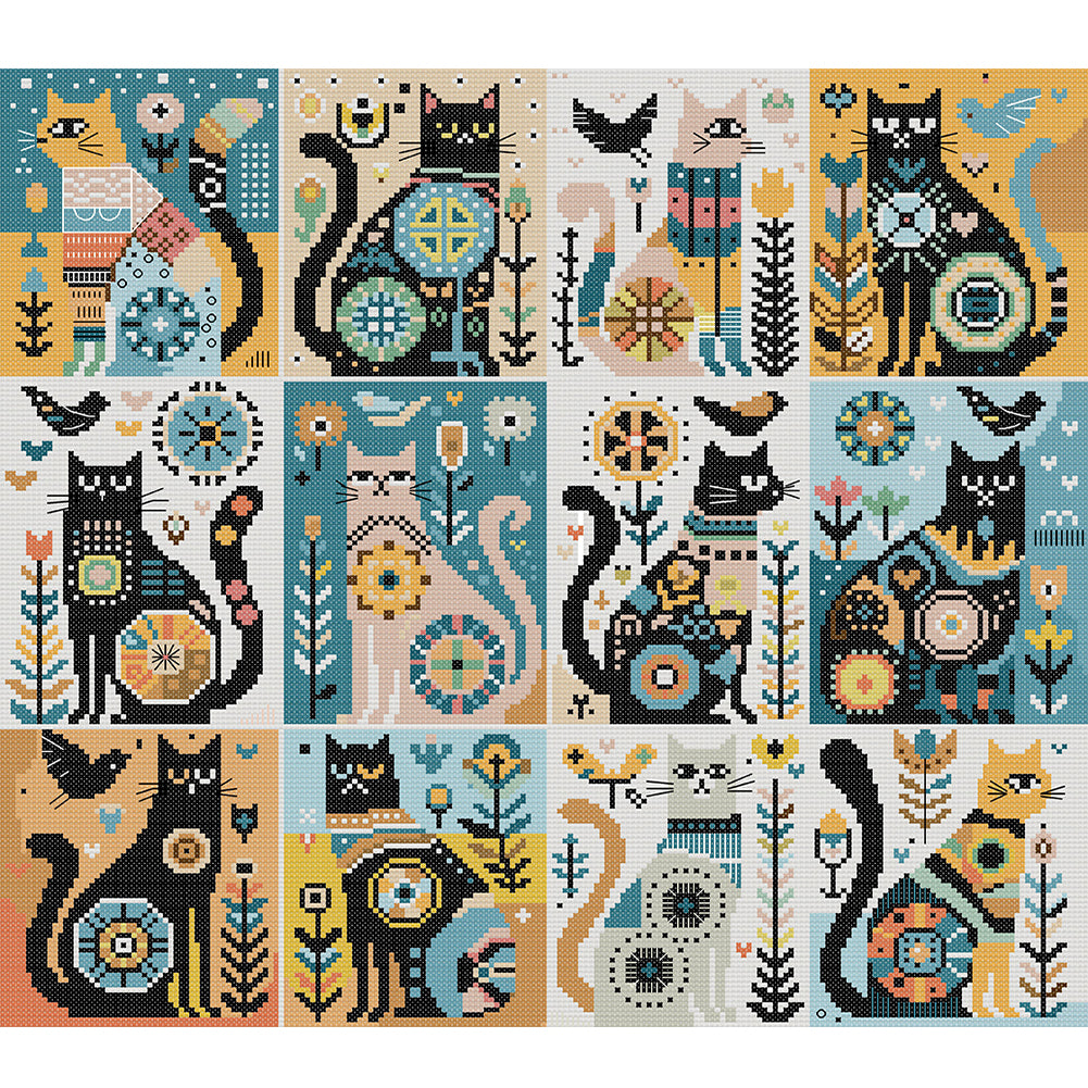 Twelve Black Cats - 14CT Stamped Cross Stitch 46*43CM(Joy Sunday)