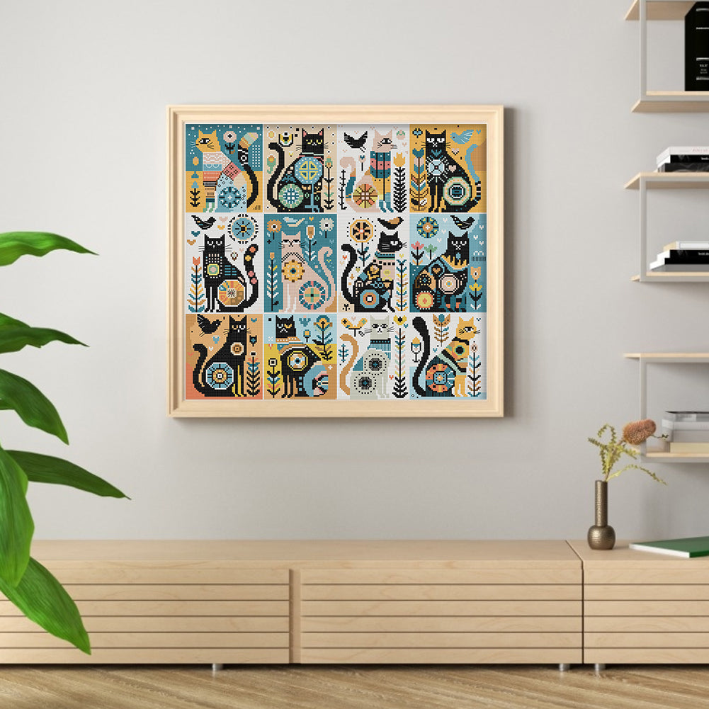 Twelve Black Cats - 14CT Stamped Cross Stitch 46*43CM(Joy Sunday)