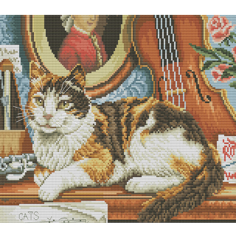 Cat And Piano - 14CT Stamped Cross Stitch 36*31CM(Joy Sunday)