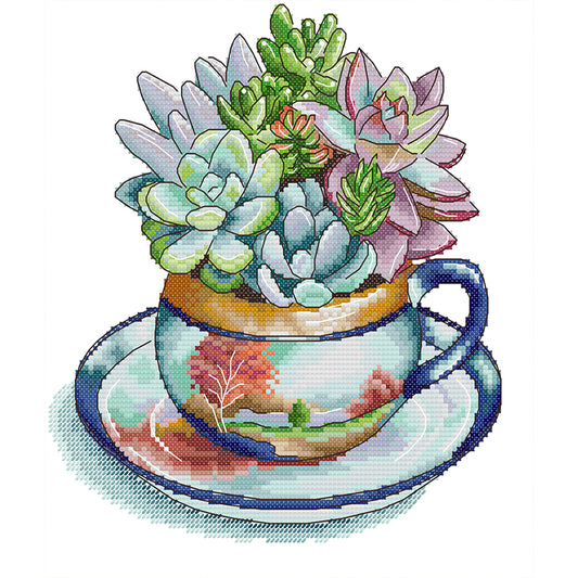 Teacup Succulent Frame - 14CT Stamped Cross Stitch 27*29CM(Joy Sunday)