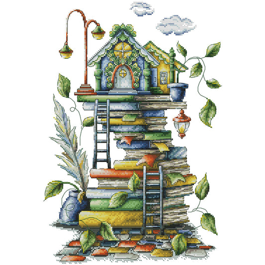 Little House On The Pile Of Books - 14CT Stamped Cross Stitch 31*43CM(Joy Sunday)