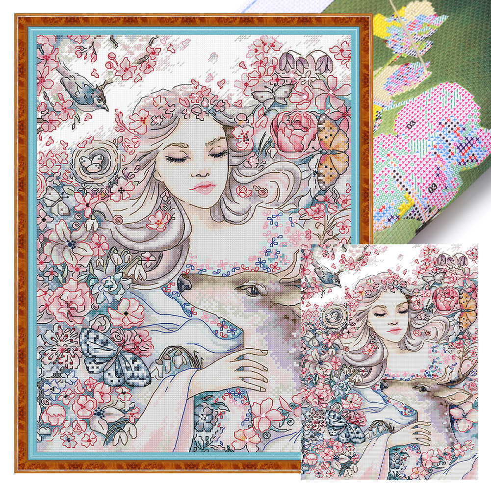 Girl And Deer - 14CT Stamped Cross Stitch 31*42CM(Joy Sunday)