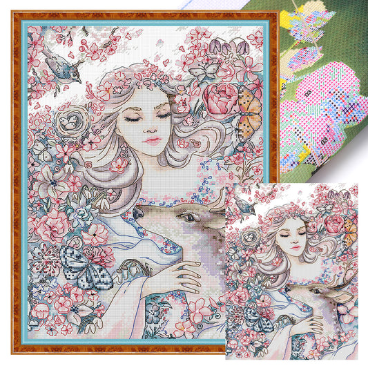 Girl And Deer - 14CT Stamped Cross Stitch 31*42CM(Joy Sunday)
