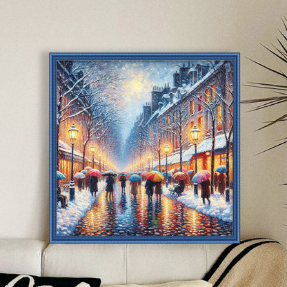 Street Snow Scene - 14CT Stamped Cross Stitch 50*50CM