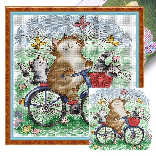 Cat Family On A Bike Trip - 14CT Stamped Cross Stitch 28*28CM(Joy Sunday)