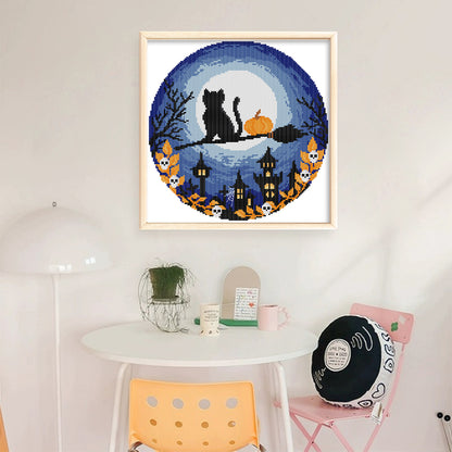 Black Cat On Halloween - 14CT Stamped Cross Stitch 31*31CM(Joy Sunday)