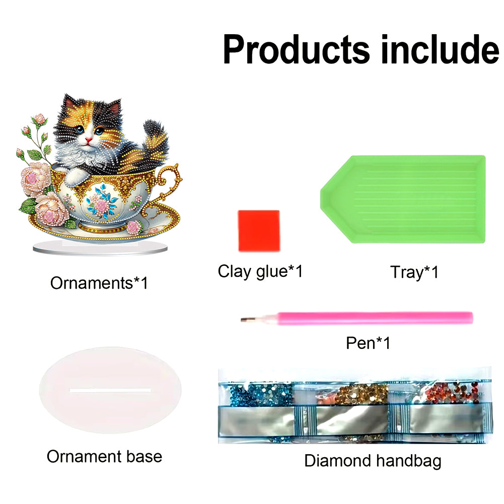 2D Flat Print Teacup Cat DIY Desktop Diamond Art Kits Bedroom Table Decoration