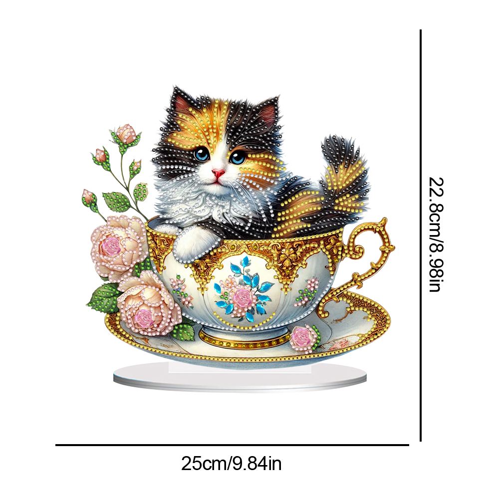 2D Flat Print Teacup Cat DIY Desktop Diamond Art Kits Bedroom Table Decoration