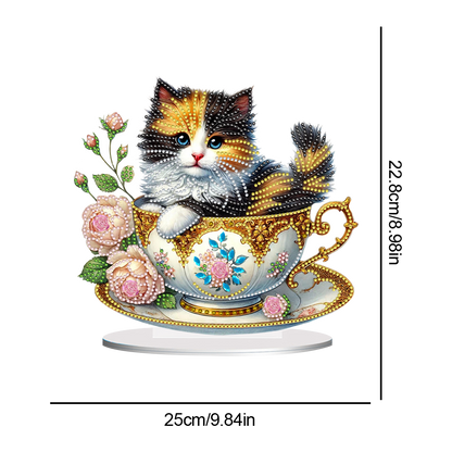 2D Flat Print Teacup Cat DIY Desktop Diamond Art Kits Bedroom Table Decoration