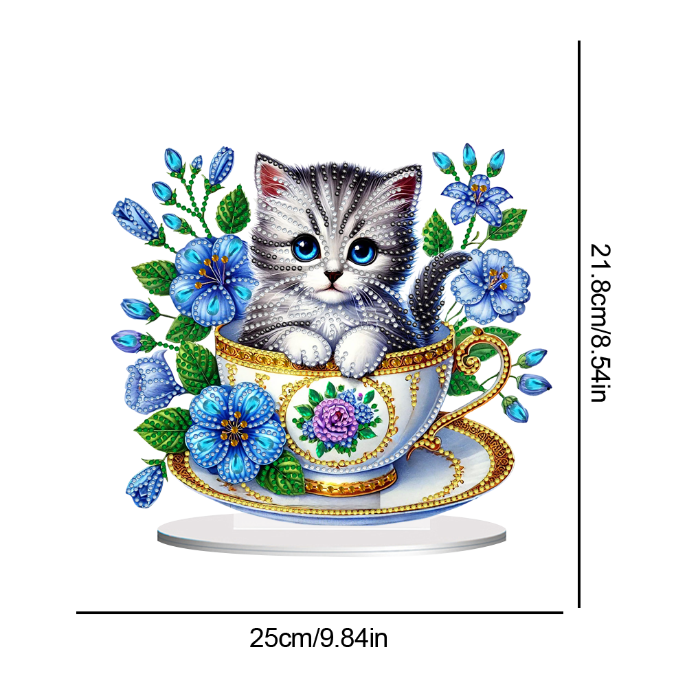 2D Flat Print Teacup Cat DIY Desktop Diamond Art Kits Bedroom Table Decoration