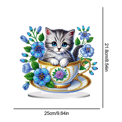 2D Flat Print Teacup Cat DIY Desktop Diamond Art Kits Bedroom Table Decoration