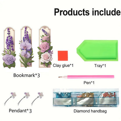 3Pcs Flower Patterns DIY Diamond Painting Art Bookmarks for Reading Enthusiasts