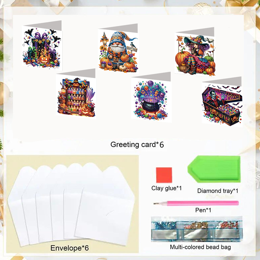 6PCS DIY Diamond Art Greeting Cards Halloween Designs for Halloween and Holidays