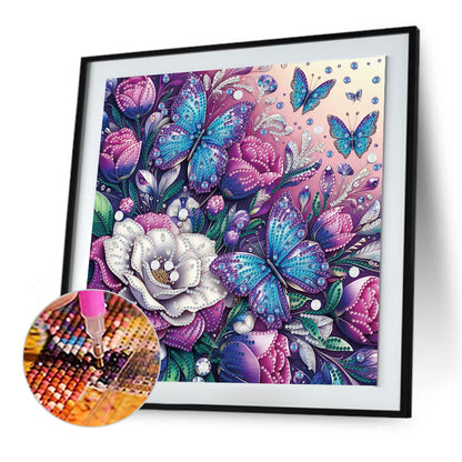 Butterfly And Flowers - Special Shaped Drill Diamond Painting 30*30CM