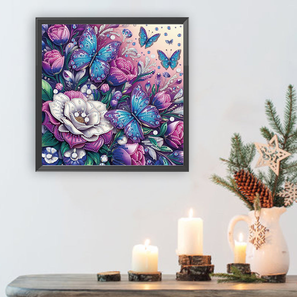 Butterfly And Flowers - Special Shaped Drill Diamond Painting 30*30CM