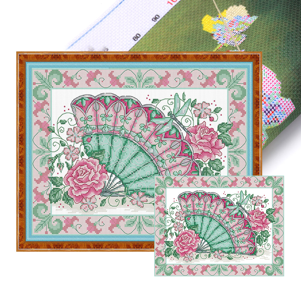 Oriental Rose Fan - 14CT Stamped Cross Stitch 36*29CM(Joy Sunday)