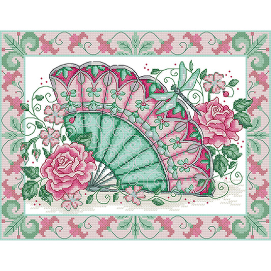 Oriental Rose Fan - 14CT Stamped Cross Stitch 36*29CM(Joy Sunday)