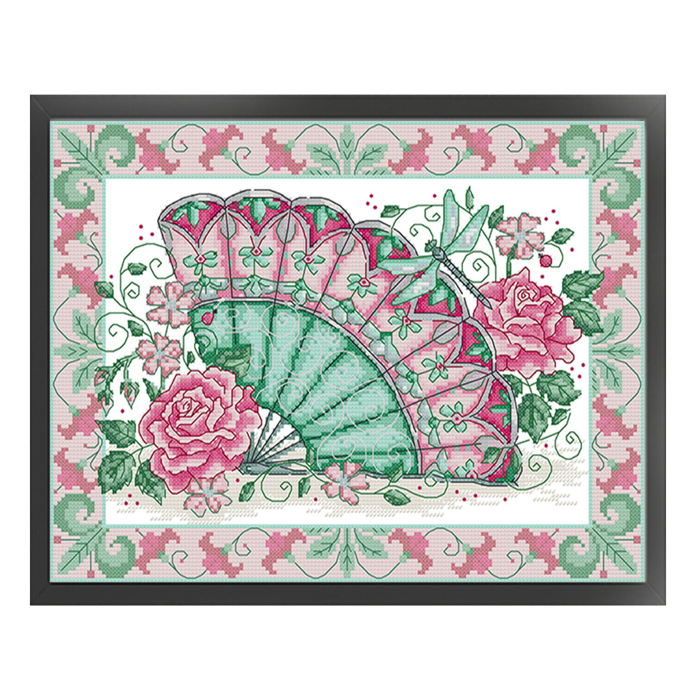 Oriental Rose Fan - 14CT Stamped Cross Stitch 36*29CM(Joy Sunday)
