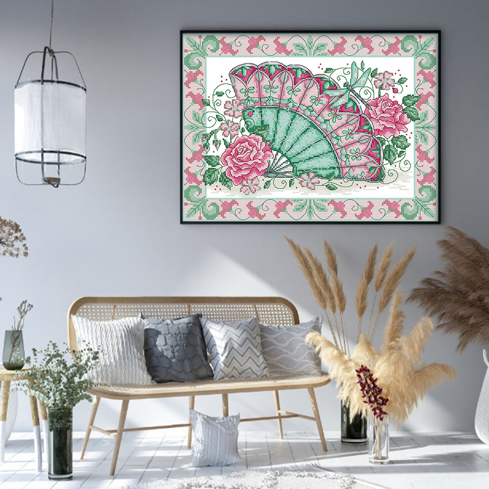 Oriental Rose Fan - 14CT Stamped Cross Stitch 36*29CM(Joy Sunday)