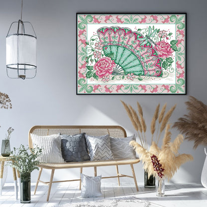 Oriental Rose Fan - 14CT Stamped Cross Stitch 36*29CM(Joy Sunday)