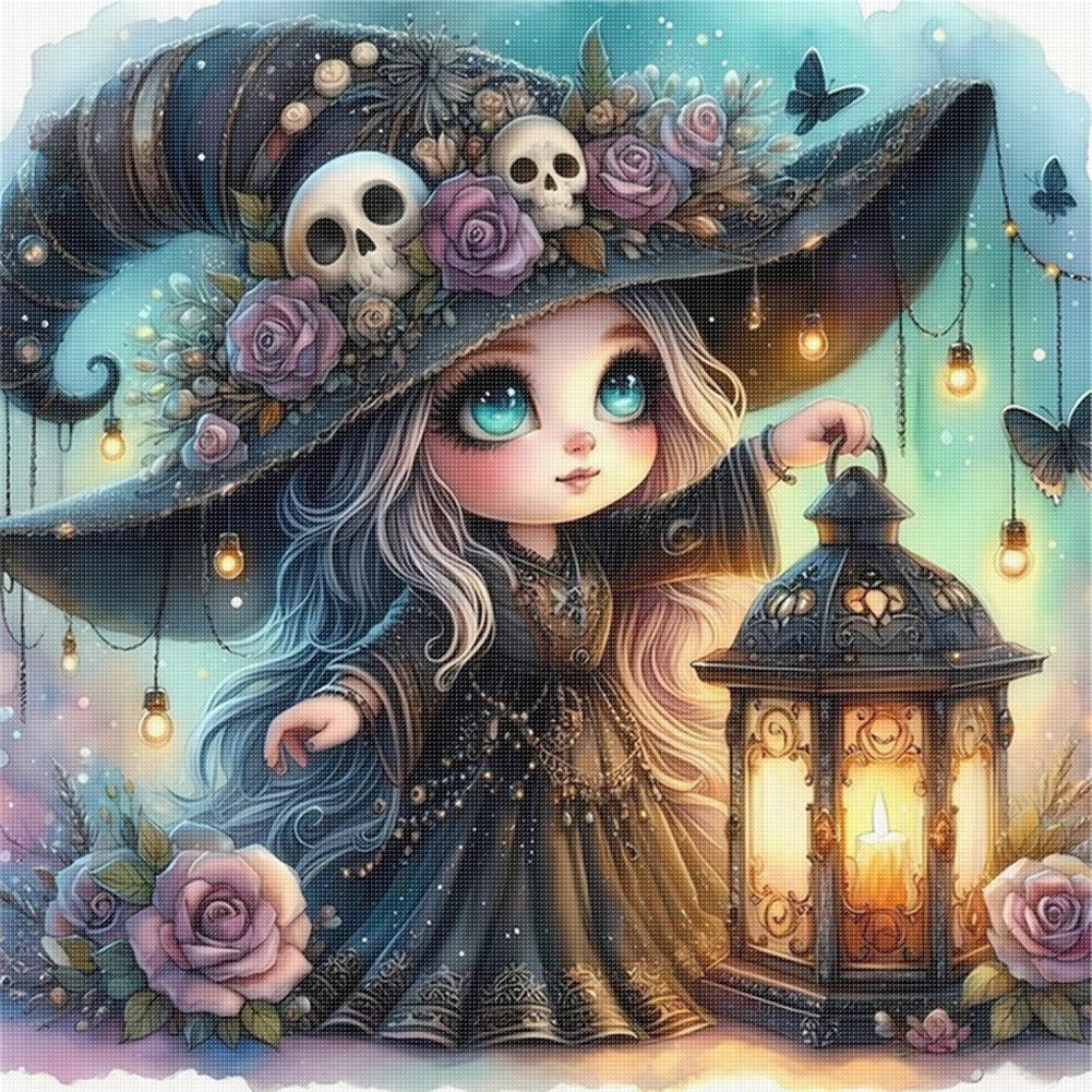 Cute Witch With Lantern - 11CT Stamped Cross Stitch 45*45CM