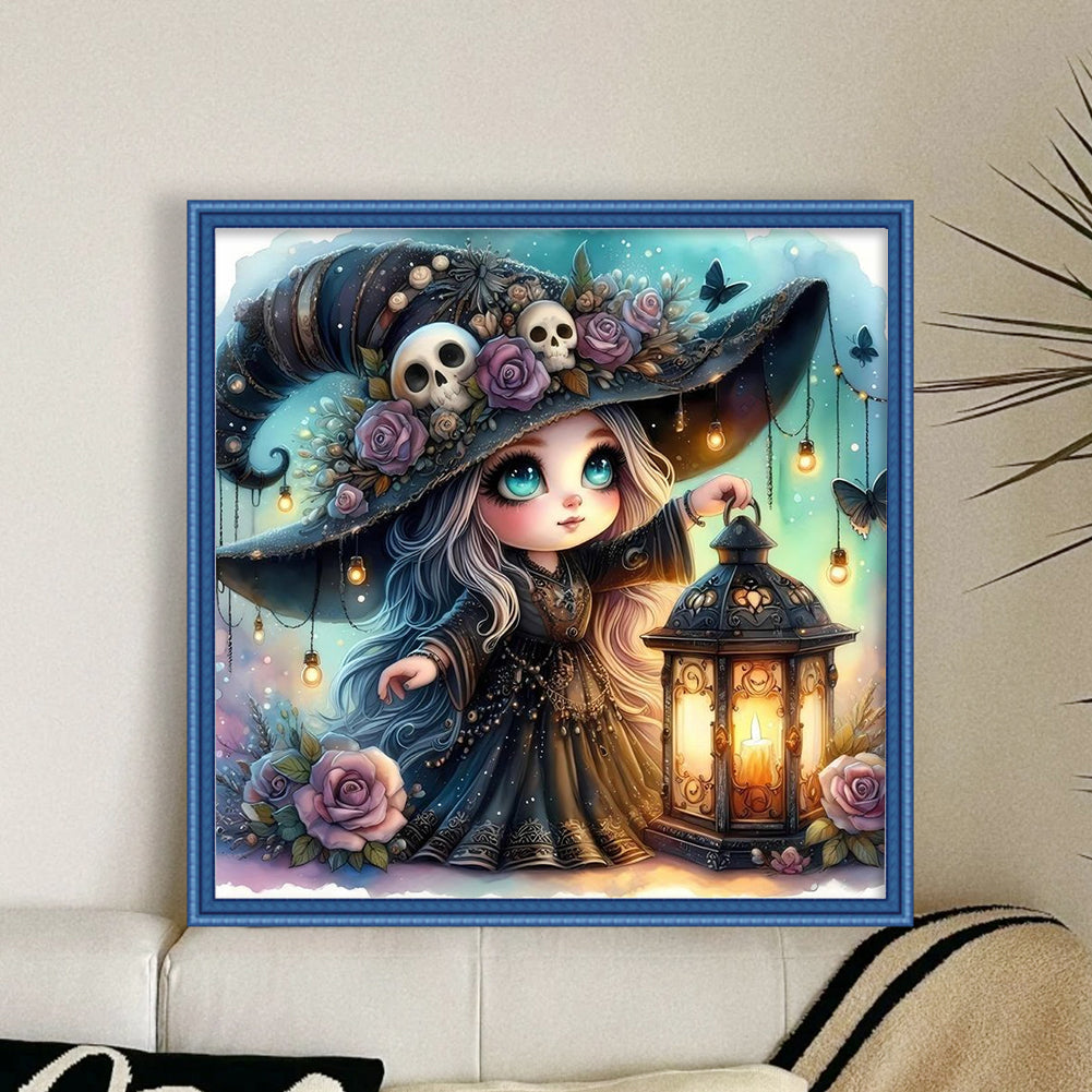 Cute Witch With Lantern - 11CT Stamped Cross Stitch 45*45CM