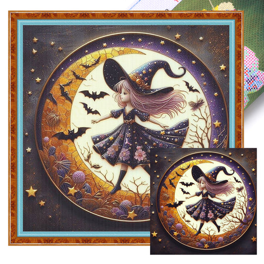 Cute Witch With The Moon - 11CT Stamped Cross Stitch 45*45CM